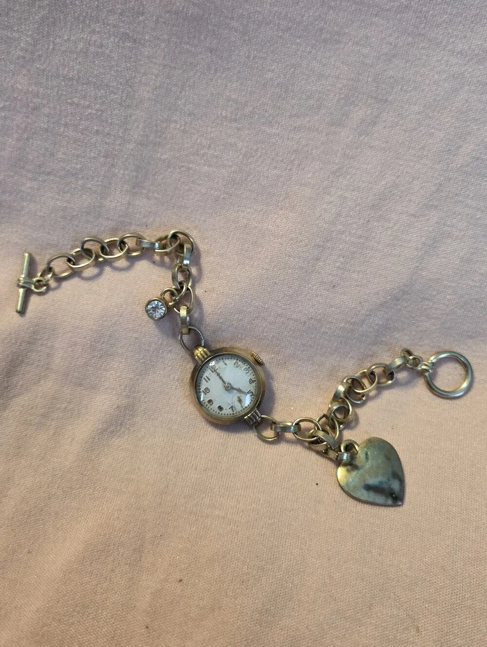 Vintage Gold Tone Charm Bracelet Watch with Heart Charm & Toggle Clasp, Mid-Cent